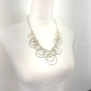 Hammered Layered Cascading Circles Pearls Silver Tone Bib Necklace Statement